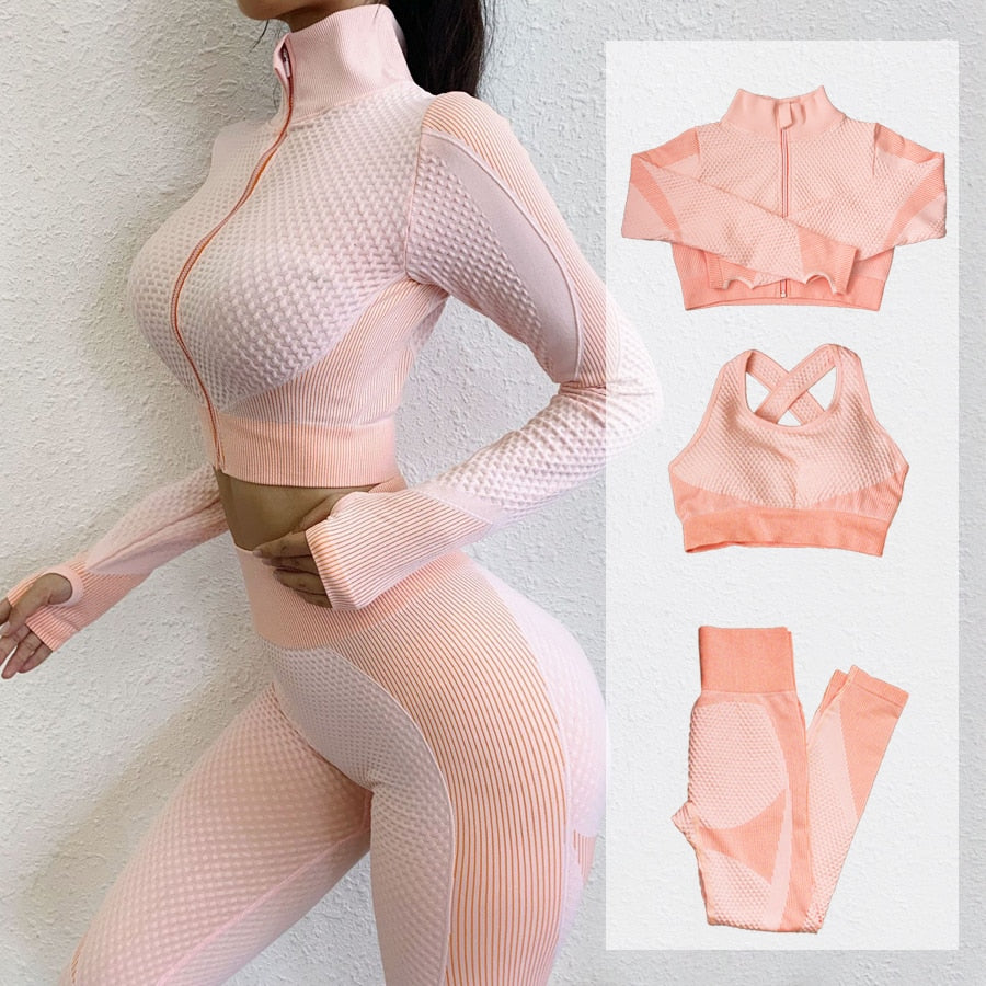 Fitness Suits Yoga Women Outfits 3pcs Sets Long Sleeve