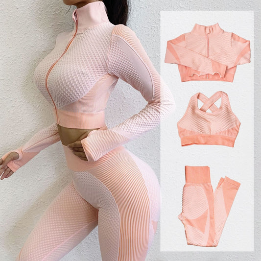 Fitness Suits Yoga Women Outfits 3pcs Sets Long Sleeve