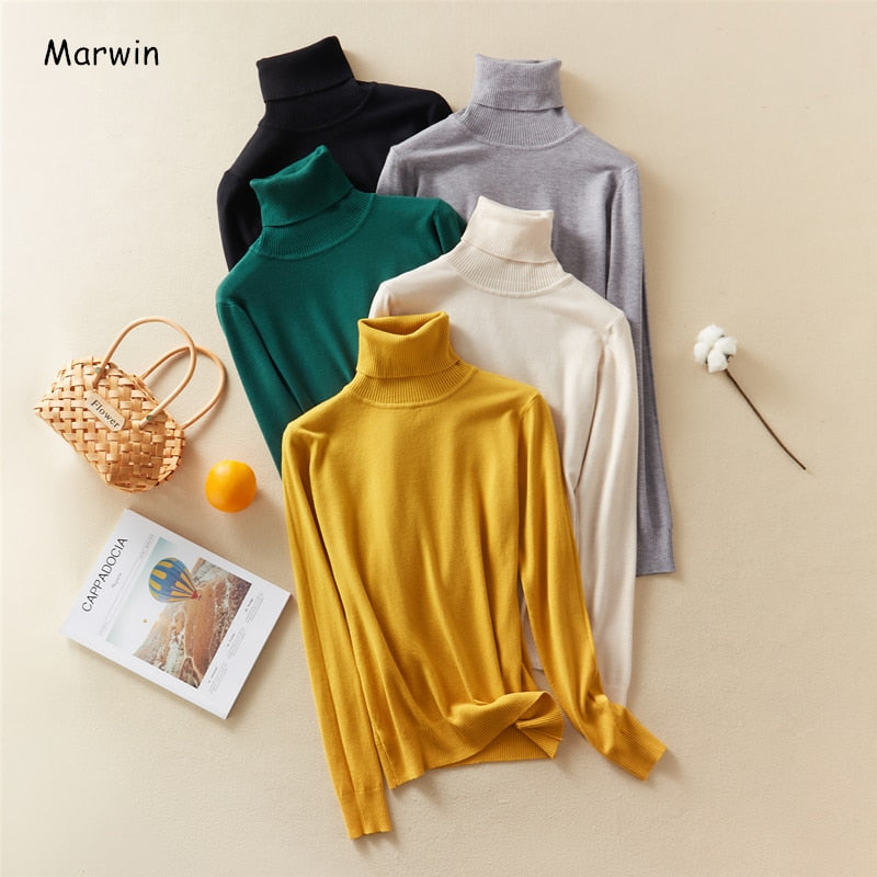 Marwin Solid Turn-Down Collar Pullovers Female Thick Turtleneck Knitted