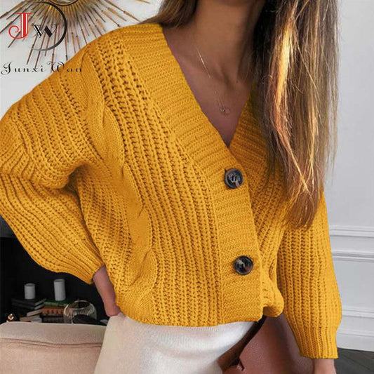 Women Short Cardigan Knitted Sweater Long Sleeve V neck Cardigans