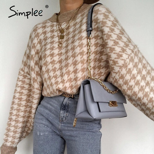 Simplee Women geometric khaki knitted sweater Hounds tooth pullover sweater