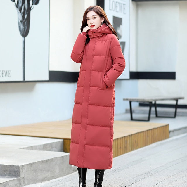 Parka Coat Extra Long Winter Jacket Women Hooded Pocket Zipper Female Lady Windbreaker Overcoat Casual Outwear Clothing Quilted