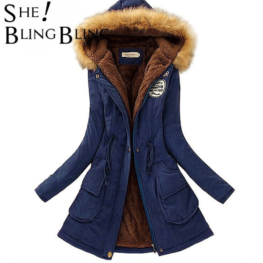 SheBlingBling Autumn Warm Winter Jacket Women Women's Fur Collar Coats Jackets for Lady Long Slim Down Parka Hoodies Parkas