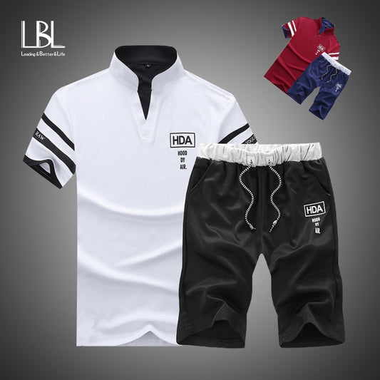 Summer Polo Shirt Mens Short Sleeve Polo + Shorts Suit Male Solid Jersey Breathable 2PC Top Short Set Fitness Sportsuits Set Men