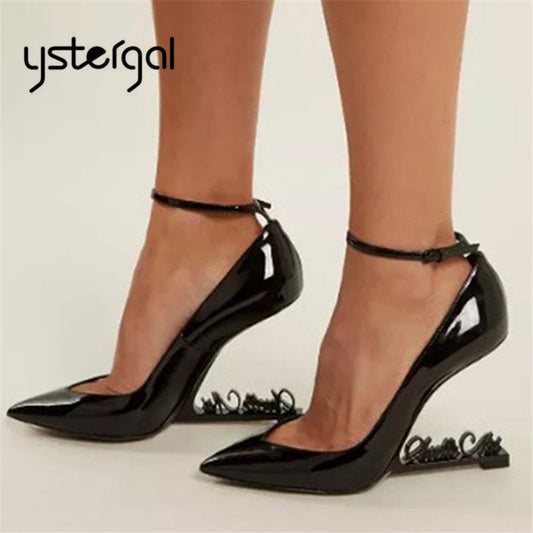 Ystergal Metal Letters Heel Women Pumps Patent Leather